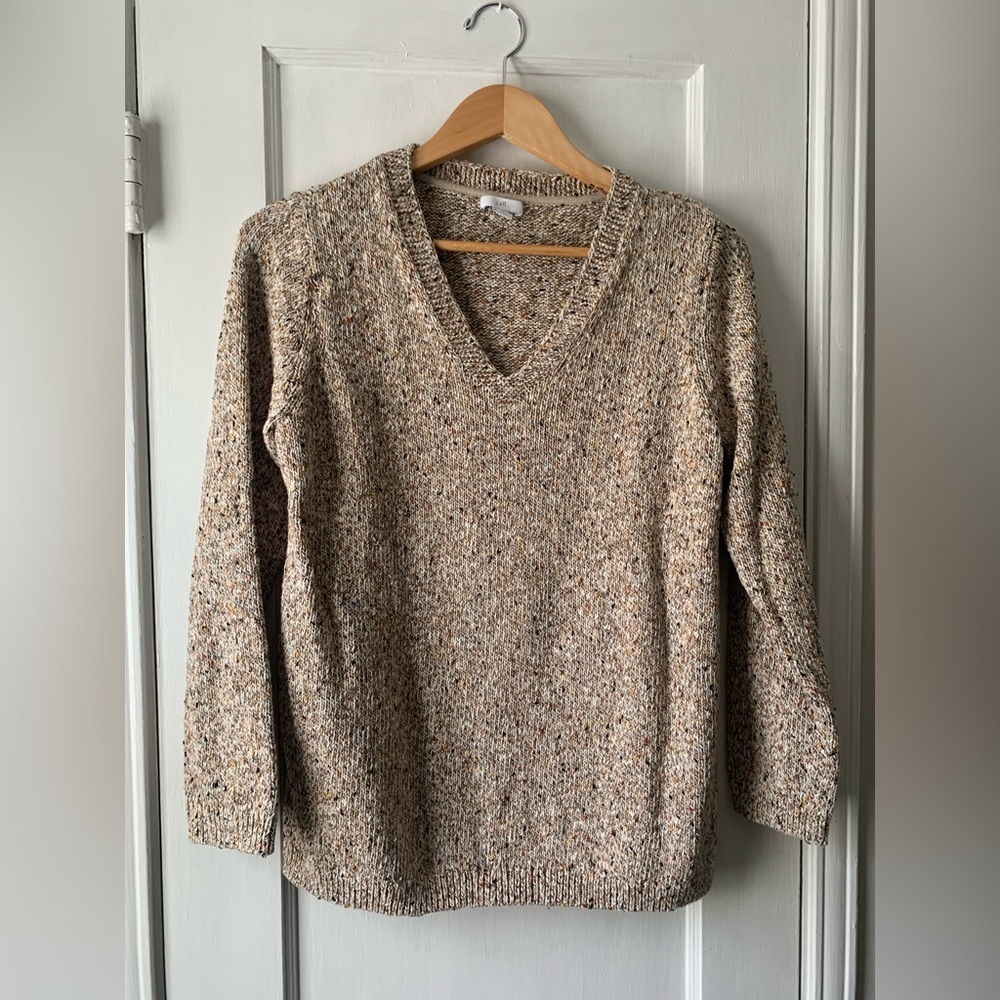 J. Jill Speckled V-Neck Oatmeal Sweater Cotton Blend MP Side Slit